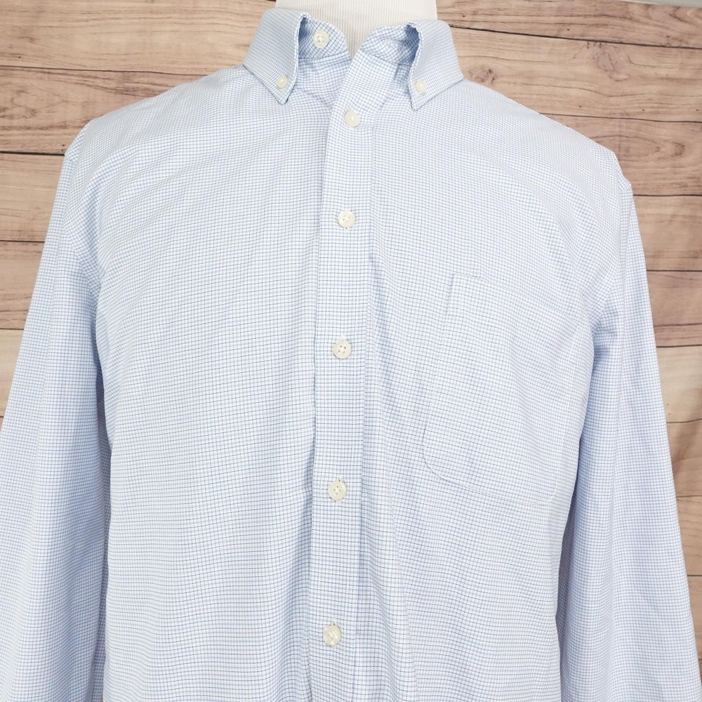 Stafford Dress Shirt Mens 17.5 34/35 XL Slim Fit Blue Check Coolmax Long Sleeve